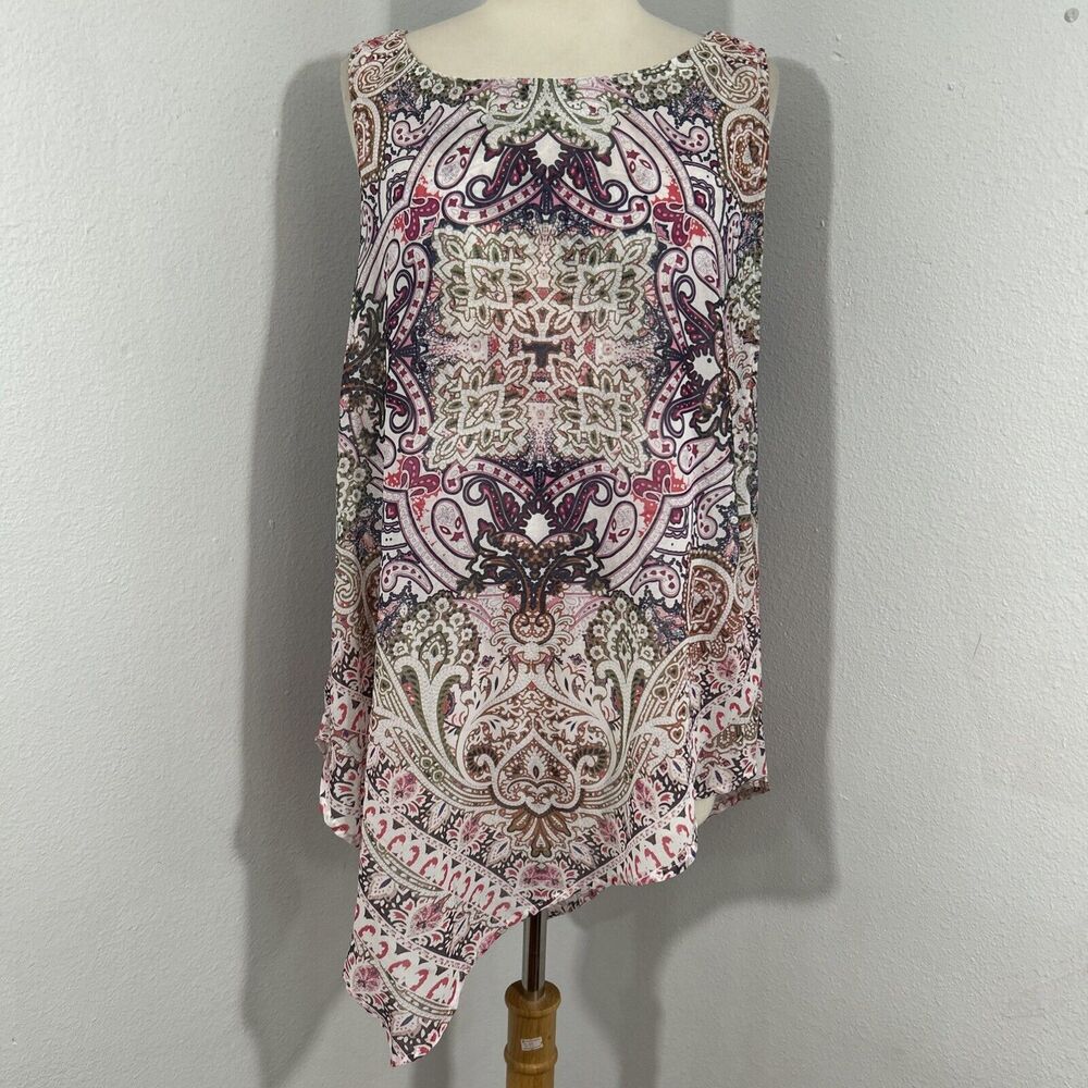 Energe‎ World Wear Blouse Womens Medium Multi Paisely Artsy Asym Layered Top